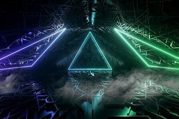 烟霓虹灯发光的三角形形状的绿色蓝色的激光光形状黑暗sci未来主义的仓库外星人宇宙飞船隧道走廊变形金属裁判