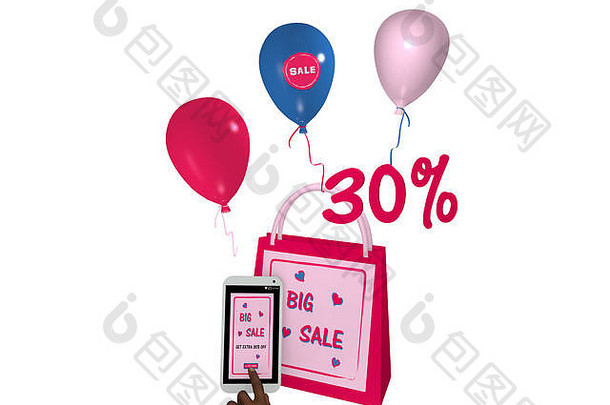 粉红色的购物袋气球移动电话出售广告手指紧迫的按钮呈现