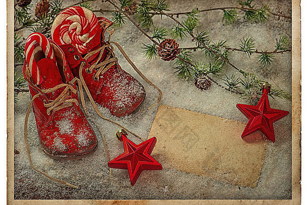 古董风格圣诞节明信片复古的假期装饰红色的婴儿鞋子装饰物卡