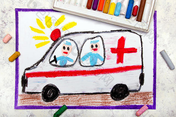 色彩斑斓的手画救护车护理人员