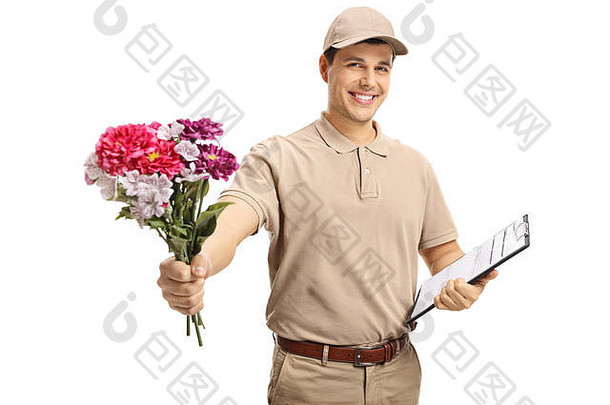 交付男人。交付花束花持有剪贴板孤立的白色背景