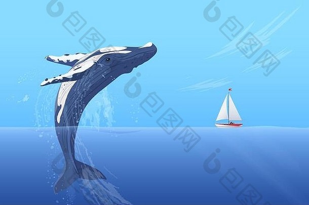 跳座头鲸大巨大的鲸鱼小船船游艇隐藏的海洋权力