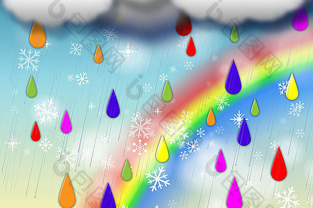 彩虹背景显示色彩斑斓的雨下雪