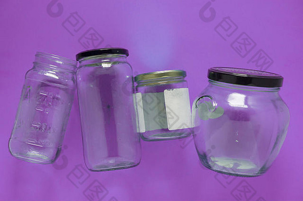 孤立的玻璃罐子铺设平中心紫罗兰色的紫色的背景回收程序运动图像分类前视图容器