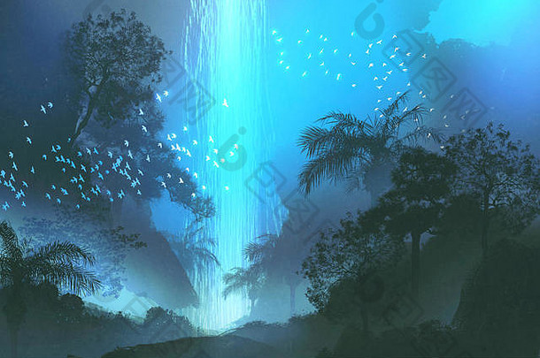 晚上风景显示蓝色的瀑布森林景观绘画插图