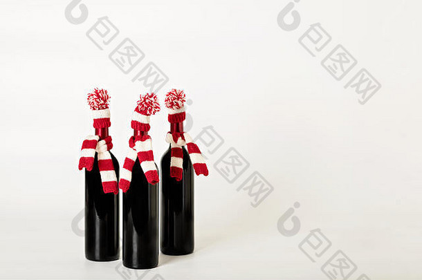 快乐圣诞节快乐一年瓶酒针织帽围巾红色的白色条纹白色后台支持