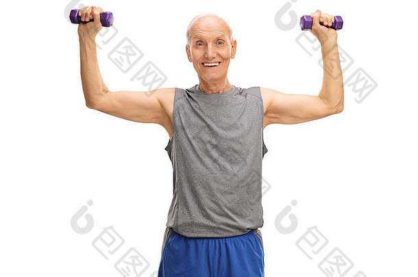 快乐的高级运动服装锻炼紫色的哑铃孤立的白色背景