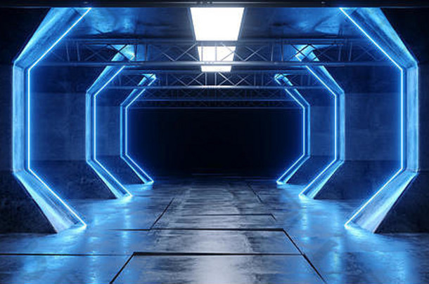 未来主义的宇宙飞船霓虹灯荧光发光的豪华的领导激光<strong>蓝色</strong>的灯发光的黑暗难看的东西混凝土<strong>隧道</strong>走廊平铺的地板上外星人渠