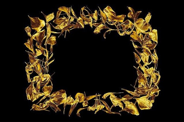 金框架使花花瓣黑色的背景孤立的关闭装饰花黄金颜色边境艺术观赏模式奢侈品横幅