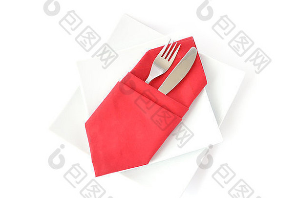刀叉红色的餐巾白色双广场板白色背景