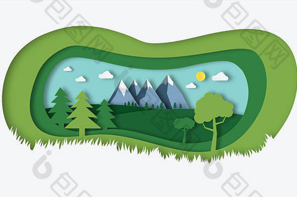 自然景观纸减少风格设计插图绿色自然场树山山天空背景夏天美丽的