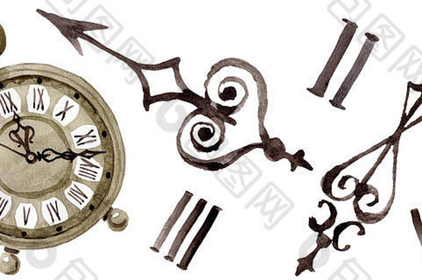 古董时钟口袋里看水彩背景插图集孤立的时钟插图元素