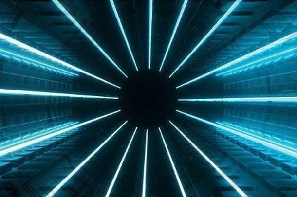 未来主义的网络sci宇宙虚拟现实霓虹灯激光发光的潘通色卡经典蓝色的灯圆轮形状隧道走廊外星人宇宙飞船