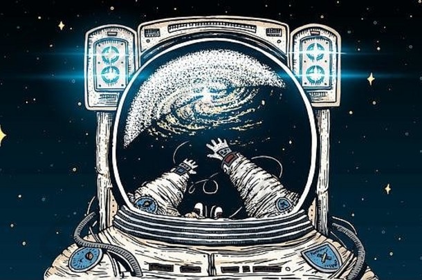 宇航员宇航员飙升的天文星系空间有趣的宇航员探索冒险反映了宇航服刻手画草图行星太阳能系统背景网站