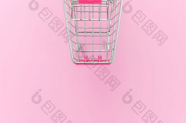 小超市杂货店推车购物玩具轮子孤立的粉红色的柔和的色彩斑斓的时尚的背景出售买购物中心市场商店消费者概念复制空间