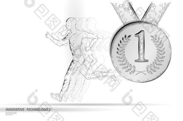 运动员运行竞争赢家健身概念低聚男人。轮廓慢跑比赛适合马拉松的地方领袖金牌丝带荣誉跑步者