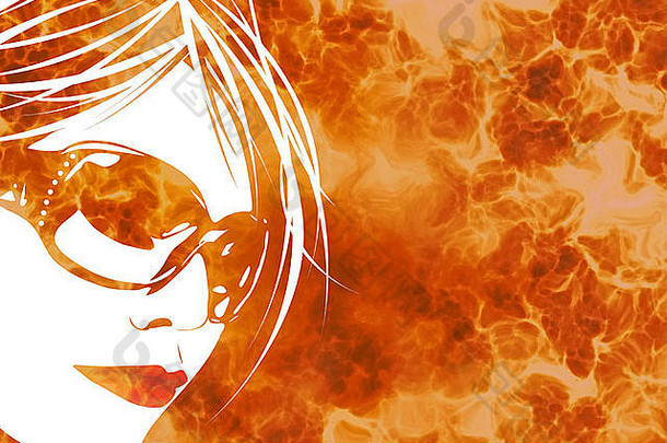 插图女士脸太阳镜激烈的燃烧的背景