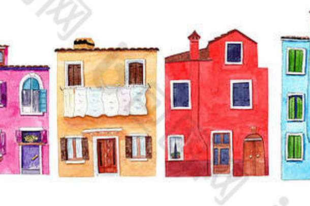 集水彩色彩斑斓的插图房子burano孤立的白色背景剪纸艺术设计卡片邀请背气
