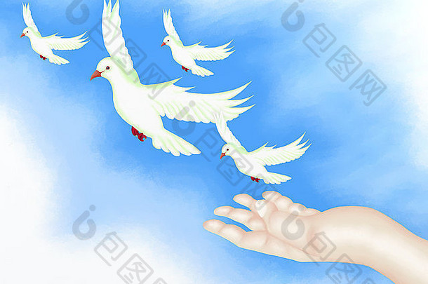 手画开放手释放白色鸽子飞行自由清晰的蓝色的天空
