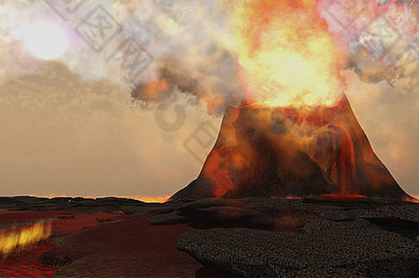 红色的热熔岩卷口喷发火山完整的火硫磺