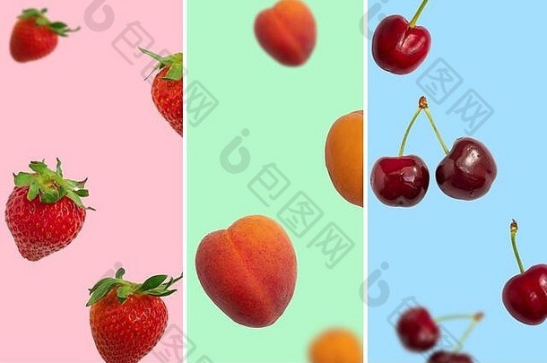 拼贴画新鲜的夏天水果形式垂直条纹草莓樱桃杏