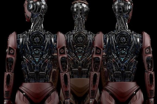 集团机器人详细的未来主义的电子人仿人机器人站回来视图黑色的背景插图