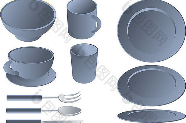 餐厅集插图等角风格蓝色的颜色盘子杯子杯玻璃碗叉勺子刀