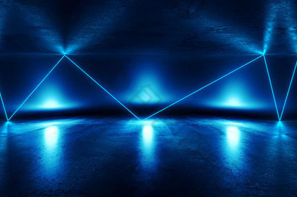 未来主义的<strong>蓝色</strong>的霓虹灯发光sci充满活力的黑暗阶段展示讲台上虚拟现实空反射难看的东西混凝土激光呈现插图