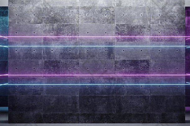 优雅的sci现代未来主义的外星人空难看的东西混凝土房间霓虹灯发光的紫色的蓝色的光管反射空空间文本