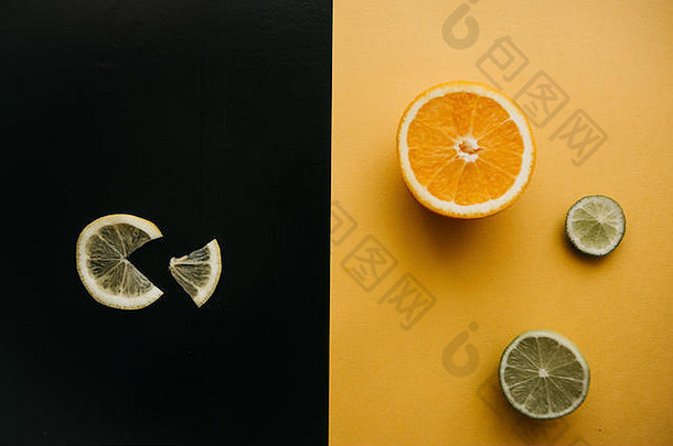 柑橘类黑色的黄色的背景片柠檬橙色石灰谎言很多水果维生素健康的零食