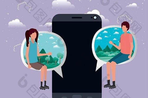 智能手机夫妇坐着演讲泡沫