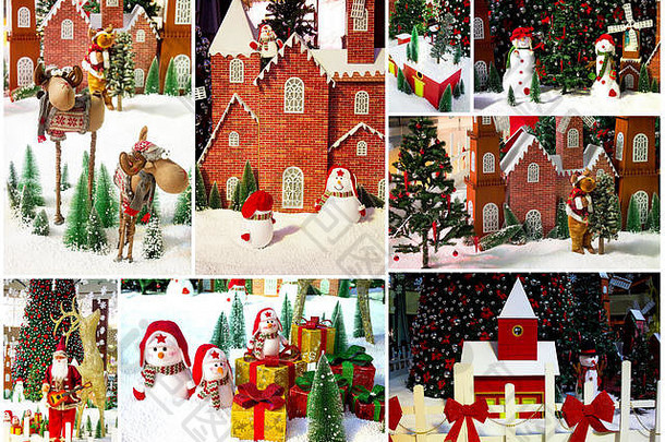 拼贴画快乐圣诞节快乐一年问候卡圣诞节背景圣诞节树雪人