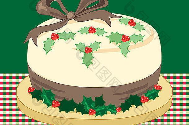 插图圣诞节冬青蛋糕棕色（的）丝带装饰节日桌布绿色背景
