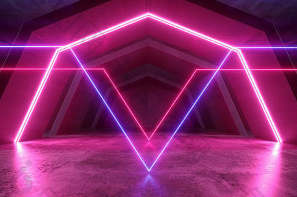 霓虹灯灯未来sci隧道走廊发光的紫色的蓝色的充满活力的场景讲台上俱乐部晚上黑暗激光显示混凝土难看的东西反光呈现