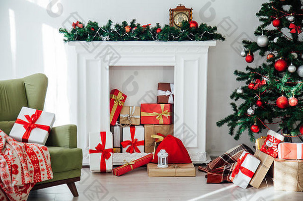圣诞节首页室内圣诞节树红色的礼物一年装饰节日背景