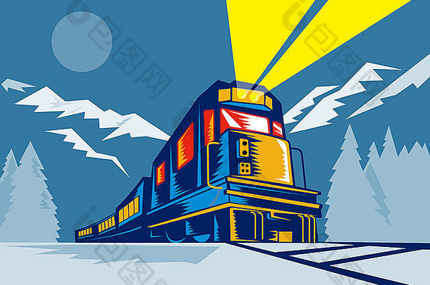插图火车旅行晚上山月亮蓝色的背景低角视图木刻复古的风格