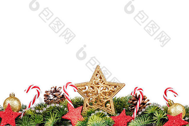 圣诞节边境树分支机构金球糖果大明星孤立的白色