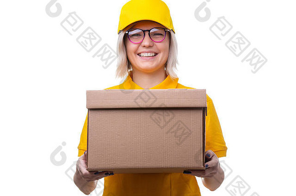 照片快递女人眼镜黄色的t恤纸板盒子手
