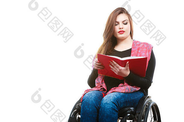 研究阅读概念<strong>残疾</strong>障碍年轻的禁用女人轮椅读取书