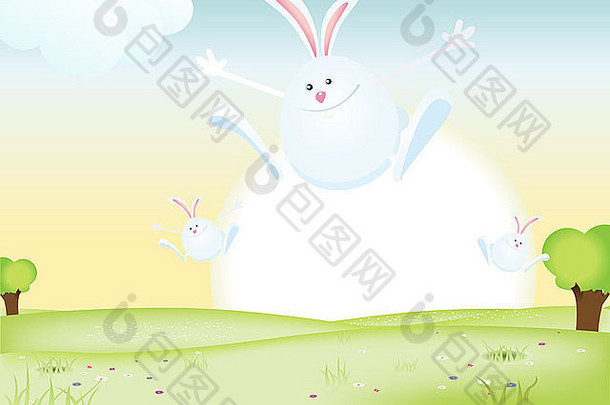 插图快乐复活节小兔子跳字段春天假期
