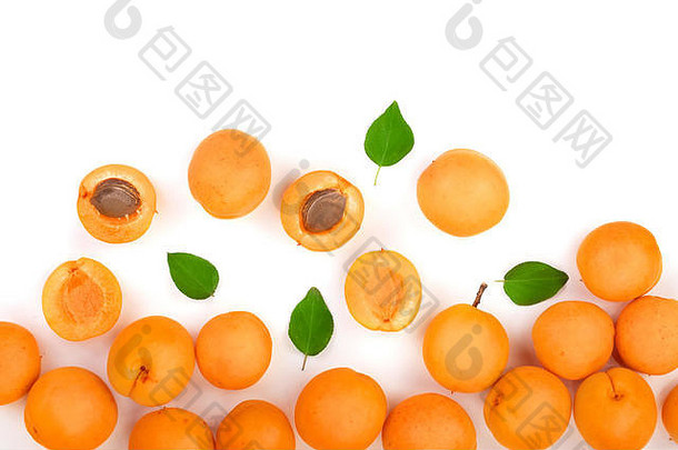 杏水果叶子孤立的白色背景复制空间文本前视图平躺模式