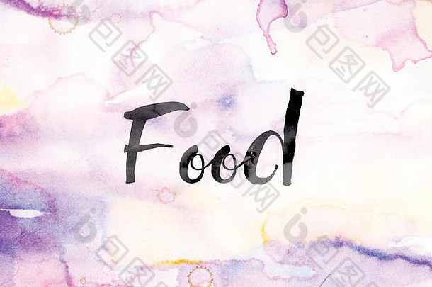 词食物画黑色的墨水色彩斑斓的水彩洗背景概念主题