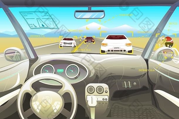 车辆沙龙司机视图指示板控制聪明的车虚拟控制汽车驾驶模拟交通景观路背景