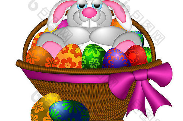 可爱的快乐复活节兔子兔子铺设内部篮子色彩斑斓的花模式鸡蛋插图孤立的白色背景