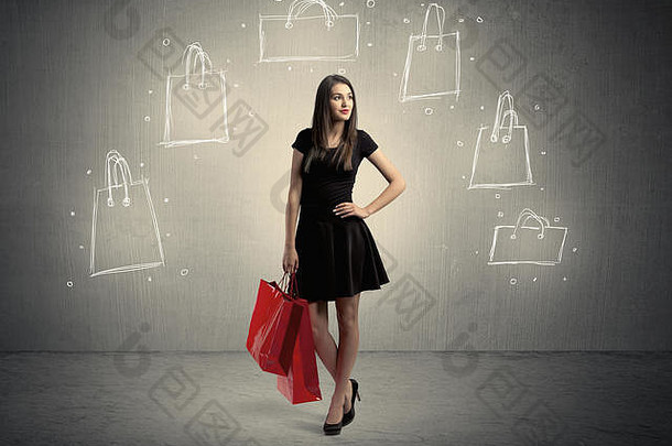 美丽的年轻的女孩黑色的站红色的购物袋前面棕色（的）<strong>背景墙画</strong>插图概念