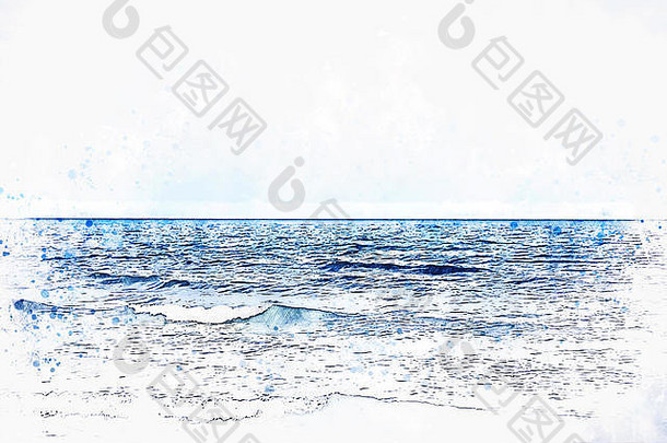 摘要coloirful美丽的水海软波水彩插图绘画背景