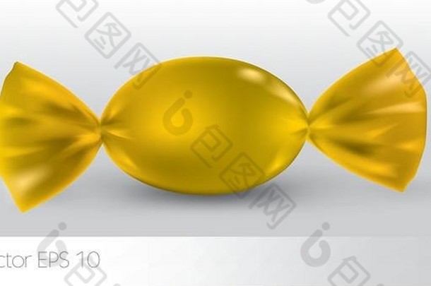 黄色的椭圆形糖果包设计隔离产品白色背景反射焊接黄色的颜色