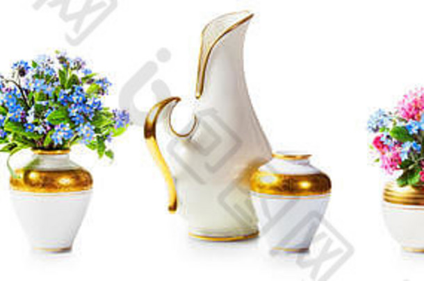 古董白色瓷小花瓶forgetmenot花花束集合孤立的白色背景设计元素