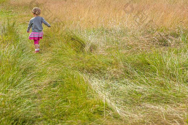 婴儿女孩走高草草地秋天