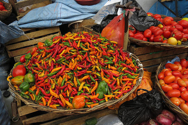 新鲜的红色的绿色黄色的辣椒农民市场糖玻利维亚